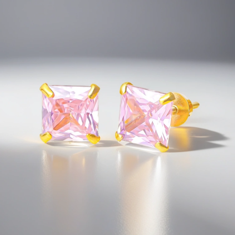 10 KT Gold Pink Princess Cut Diamond Stud Earrings