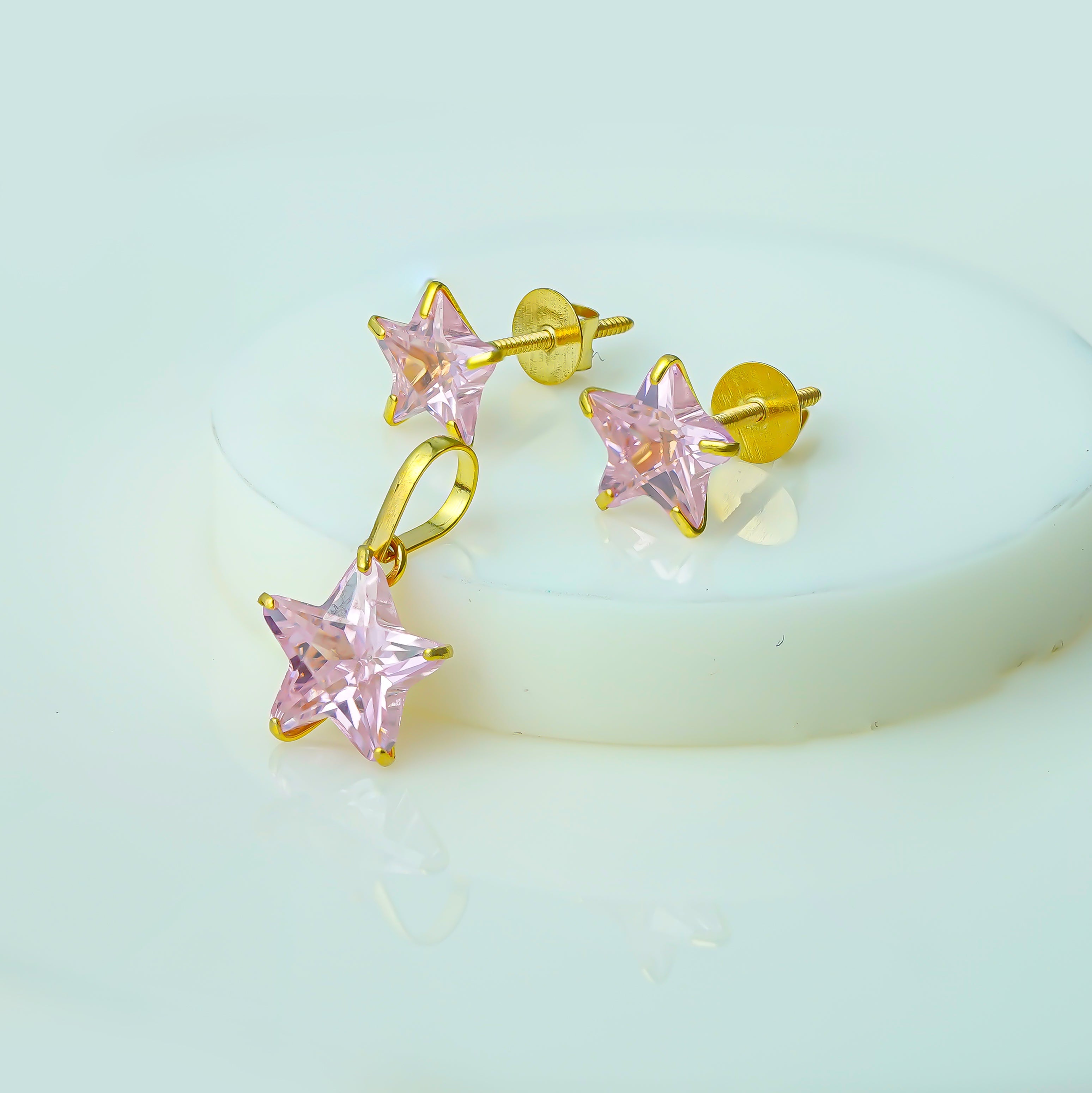 10 KT Gold Pink Star Diamond Pendant & Earring Set