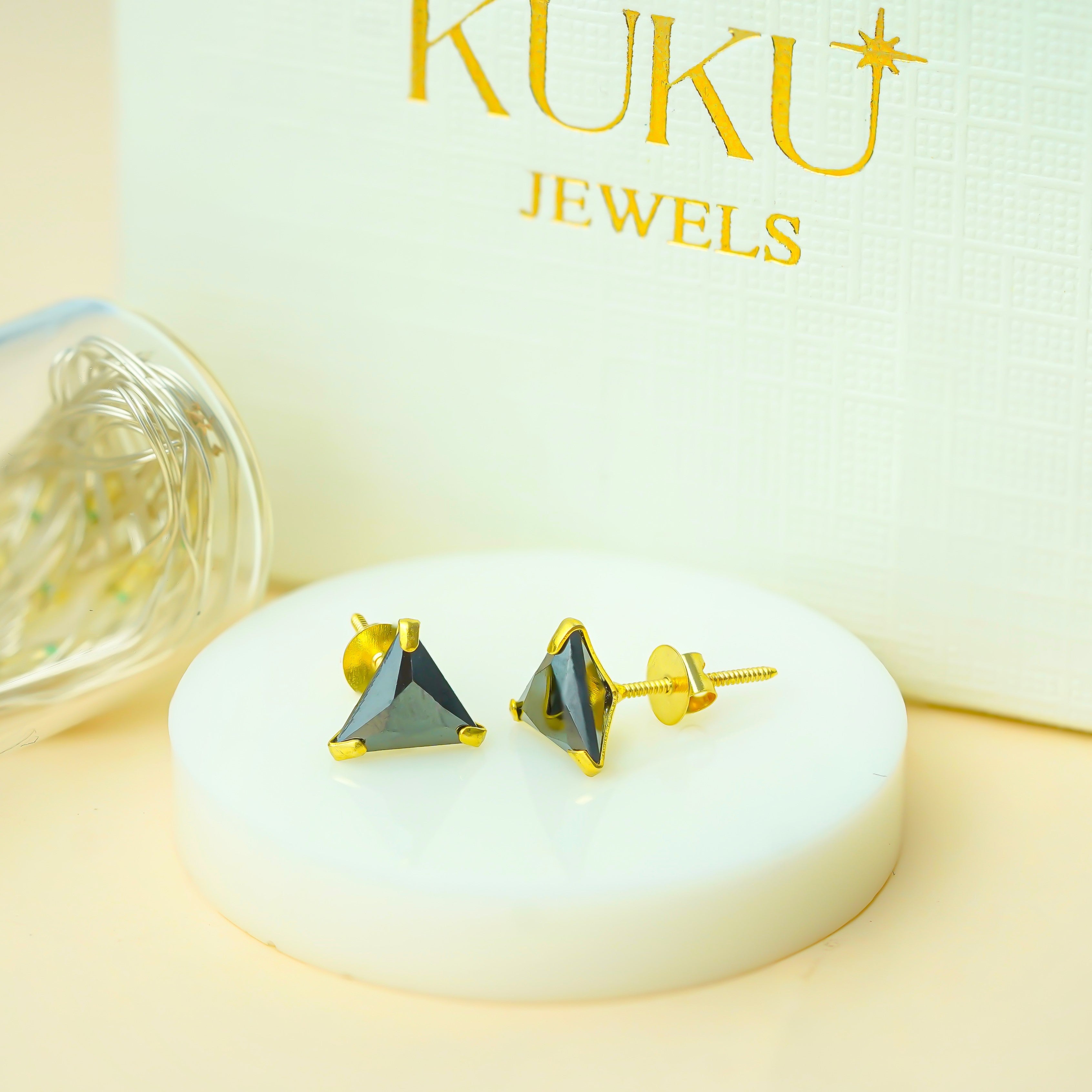 10 KT Gold Black Trillion Cut Diamond Stud Earrings