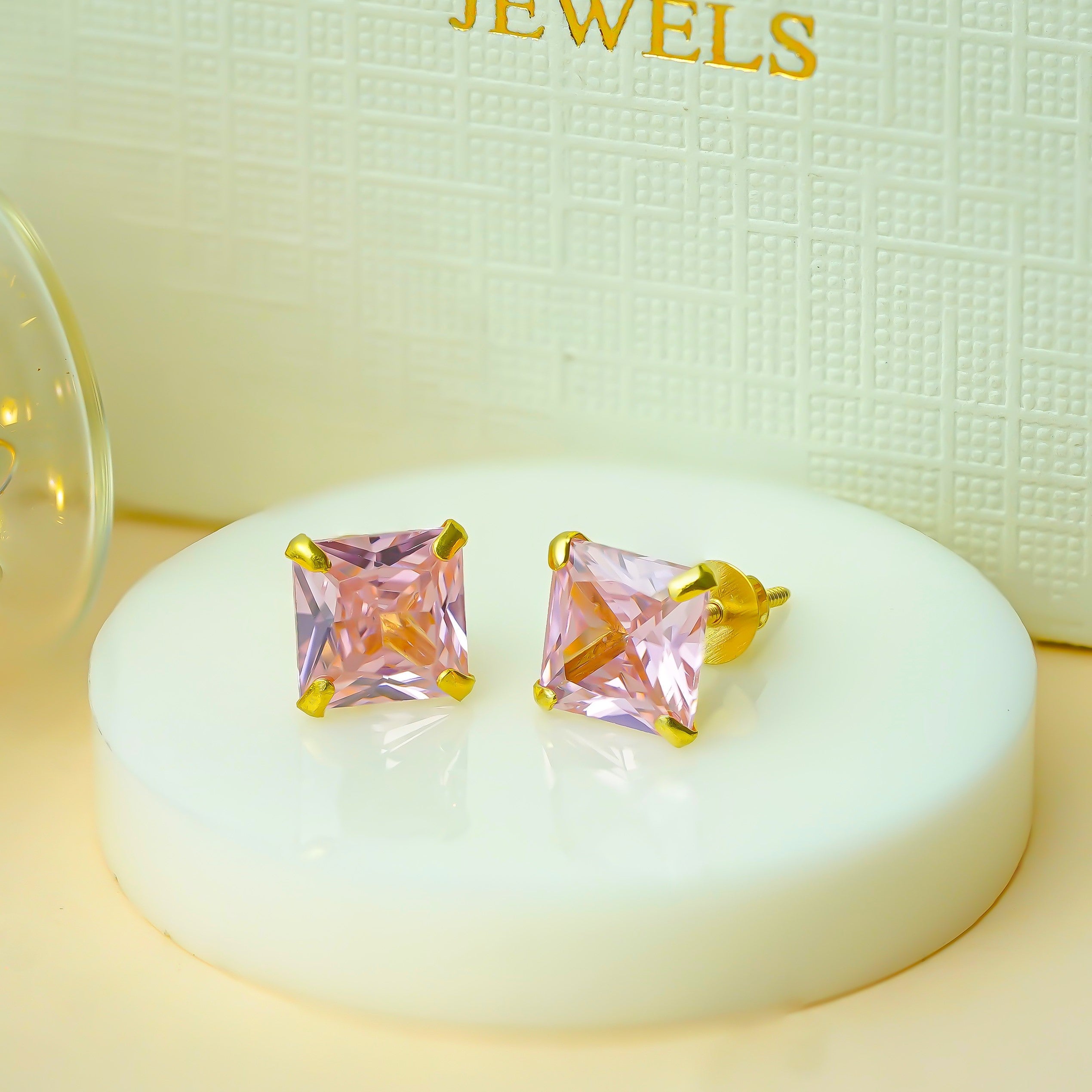 10 KT Gold Pink Princess Cut Diamond Stud Earrings