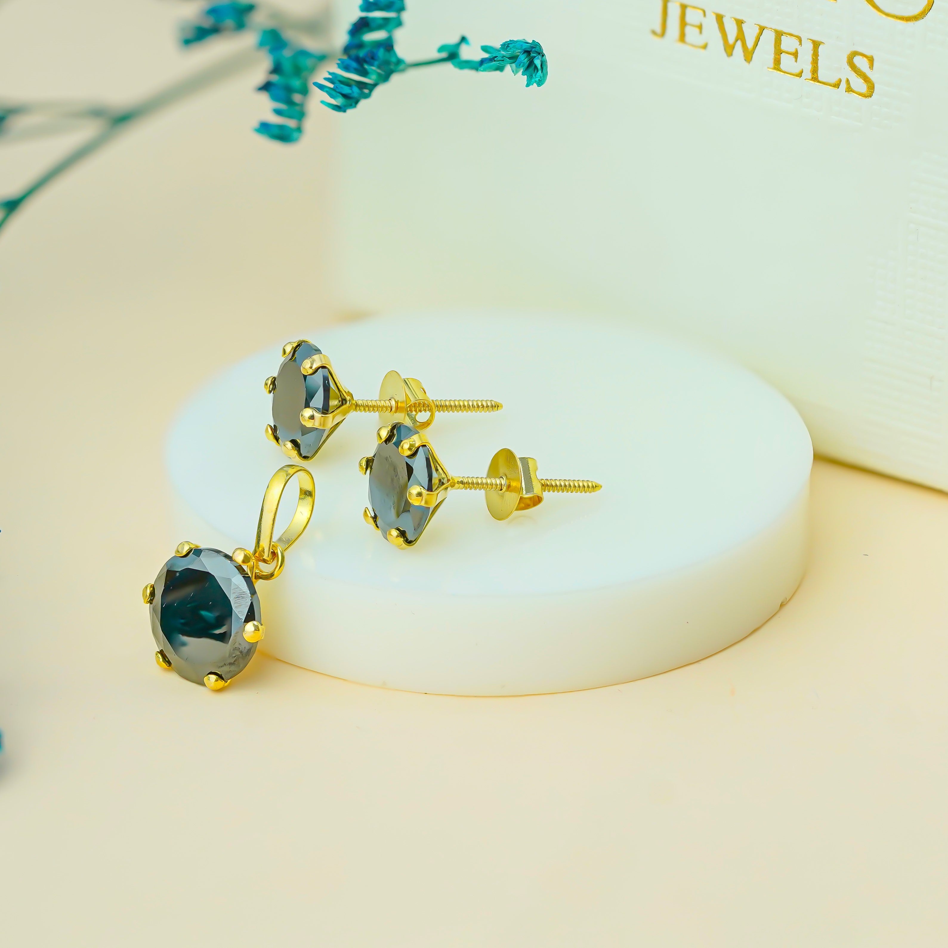 10 KT Gold Black Round Diamond Pendant & Earring Set